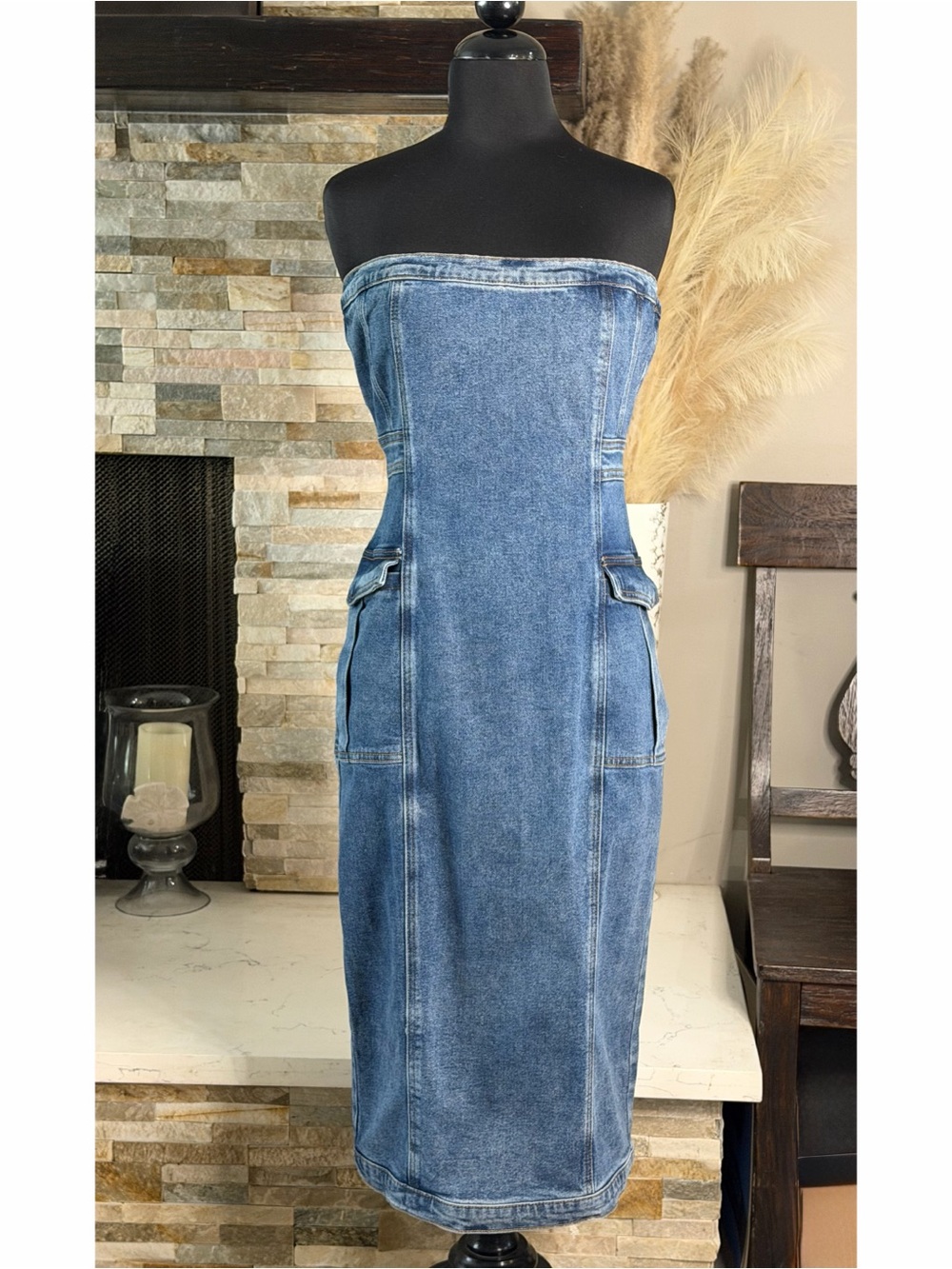 Fashion Nova Strapless Denim Midi Dress in Blue
